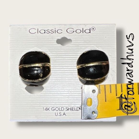 Vintage Classic Gold 14K Gold Shield Clip Earrings – Black & Gold - Picture 4 of 7